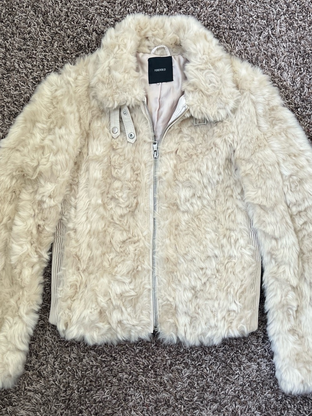 Forever 21 Cream Faux Fur Zip Front Jacket